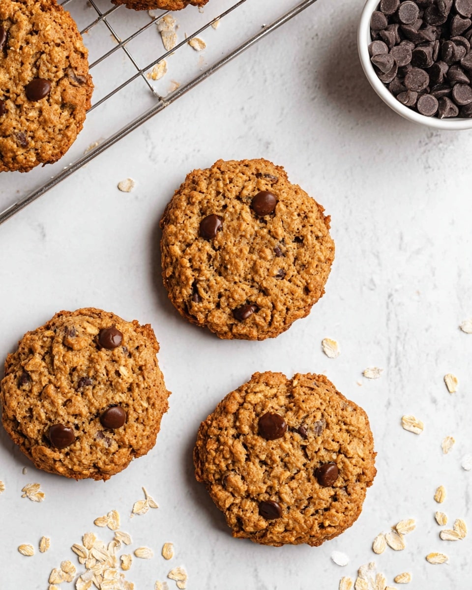 The image shows four round oatmeal chocolate chip cookies with a rough, crumbly texture and a golden brown color. Each cookie has visible chocolate chips scattered unevenly on top, with some small oat flakes embedded in the dough. Three cookies lie flat on a white marbled surface, while one cookie rests on a silver cooling rack in the upper left corner. There are loose oat flakes scattered around the cookies on the surface. In the top right corner, part of a white bowl filled with dark chocolate chips is visible. photo taken with an iphone --ar 4:5 --v 7