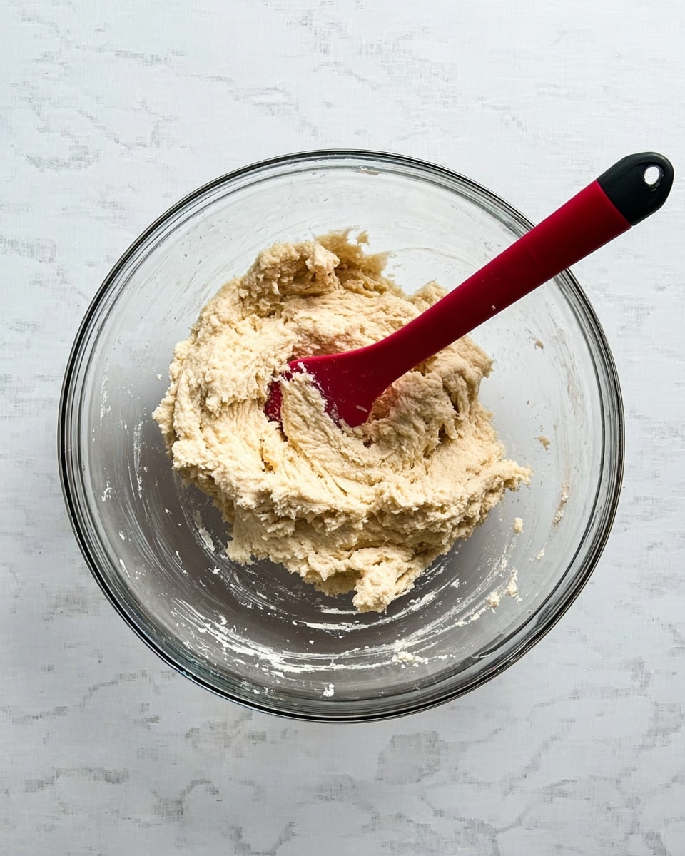 A clear glass bowl sits on a white marbled surface, containing a light beige, sticky dough mixture with a rough texture. Inside the bowl, a red spatula with a black handle is partially buried in the dough, angled slightly towards the left. The dough is thick and unevenly spread in the center of the bowl, with some small bits clinging to the sides. The overall scene is bright and clean. photo taken with an iphone --ar 4:5 --v 7