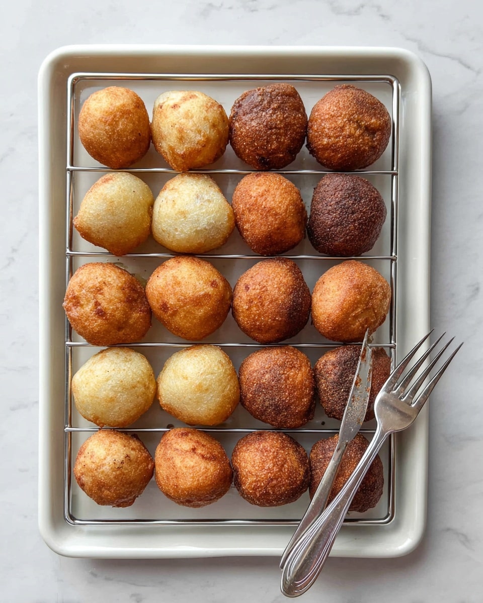 A white baking tray holds a metal rack with eighteen round fried dough balls arranged in four rows, showcasing a mix of golden brown, light beige, and dark brown colors with rough, crispy textures. On the right side of the tray, next to the dough balls, lies a silver fork resting against the rack. The tray is placed on a white marbled surface, giving a clean and bright background. Photo taken with an iphone --ar 4:5 --v 7