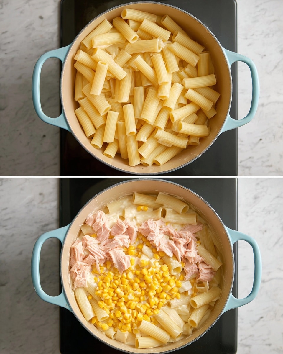 The images show a light blue pot with two large handles, placed on a black stovetop with a white marbled surface underneath. In the first image, there is one layer of plain cooked rigatoni pasta, pale yellow with smooth ridges, filling the pot evenly. In the second image, the rigatoni is coated with a creamy white sauce, and two more layers are added on top: bright yellow corn kernels on the left side and chunks of light pink tuna on the right side, both sitting separately above the sauced pasta. The overall look is simple and fresh, with soft colors and textures. Photo taken with an iphone --ar 4:5 --v 7