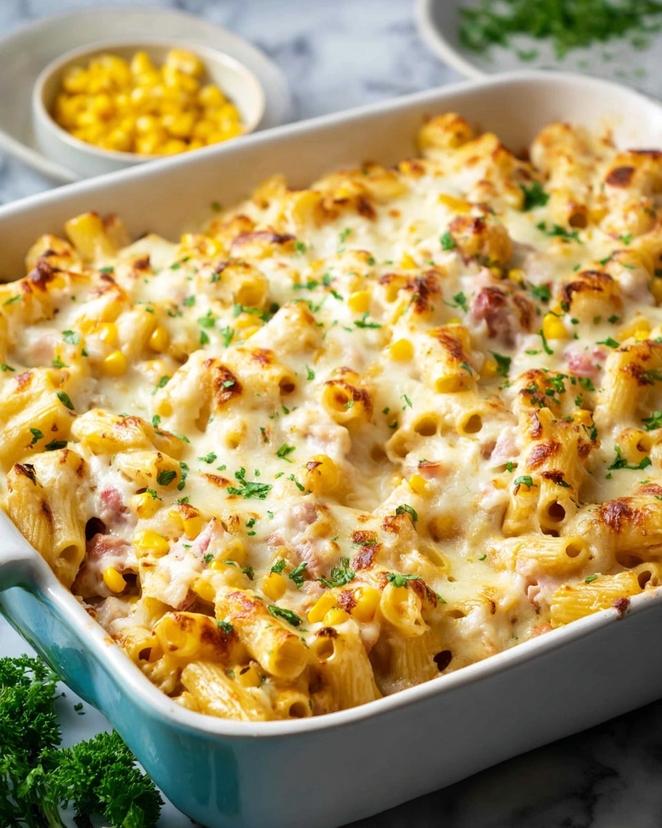 A white rectangular baking dish filled with a creamy baked pasta dish featuring two layers: the bottom layer of tubular pasta mixed with small pieces of yellow corn and bits of light pink meat, covered by a thick, melted cheese layer with a golden brown slight crisp on top; small green chopped herbs are scattered over the cheese for color. In the background, a small white bowl of yellow corn and some green herbs add freshness against a white marbled surface. The dish looks rich and cheesy, with gooey textures and a warmly baked appearance. Photo taken with an iphone --ar 4:5 --v 7