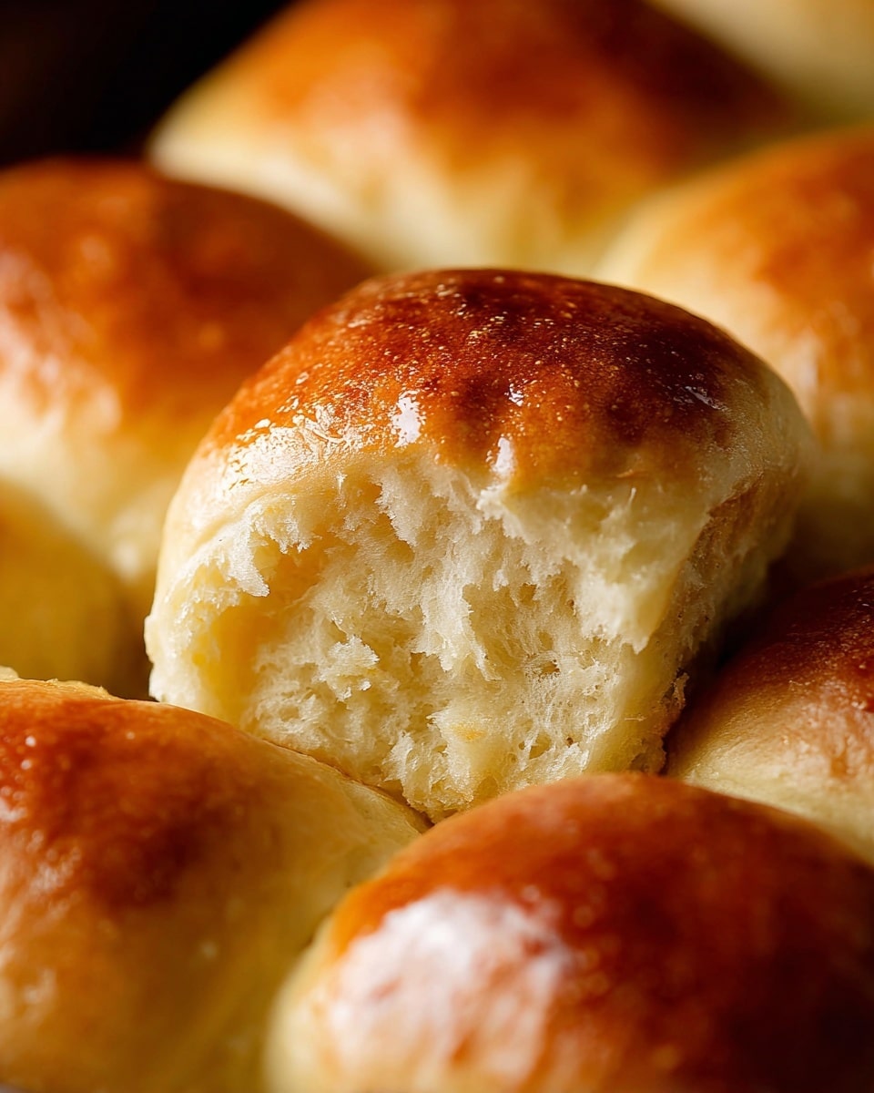 The image shows soft, golden brown dinner rolls closely placed together. One roll is slightly pulled apart in the center, revealing its fluffy and light inside with a soft, slightly crumbly texture. The tops of the rolls are shiny with a smooth crust that has a warm, even color. The background is out of focus, highlighting the fresh, warm look of the rolls. photo taken with an iphone --ar 4:5 --v 7