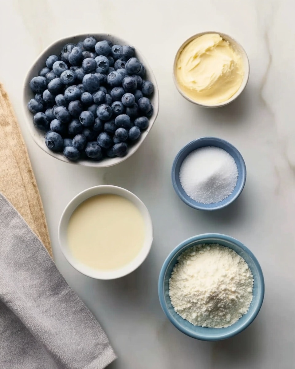 Five small white bowls are arranged neatly on a white marbled surface, with a light gray cloth with a beige tip to the left. One bowl is filled with fresh, deep blue blueberries with a matte texture, another bowl contains smooth, creamy white liquid, the third bowl has a fine pale yellow powder, the fourth smaller bowl has white granulated sugar with a soft texture, and the fifth bowl, which is blue with a white inside, holds a white powdery substance that looks like baking powder. The bowls are spaced evenly, showing simple and clean ingredients photo taken with an iphone --ar 4:5 --v 7
