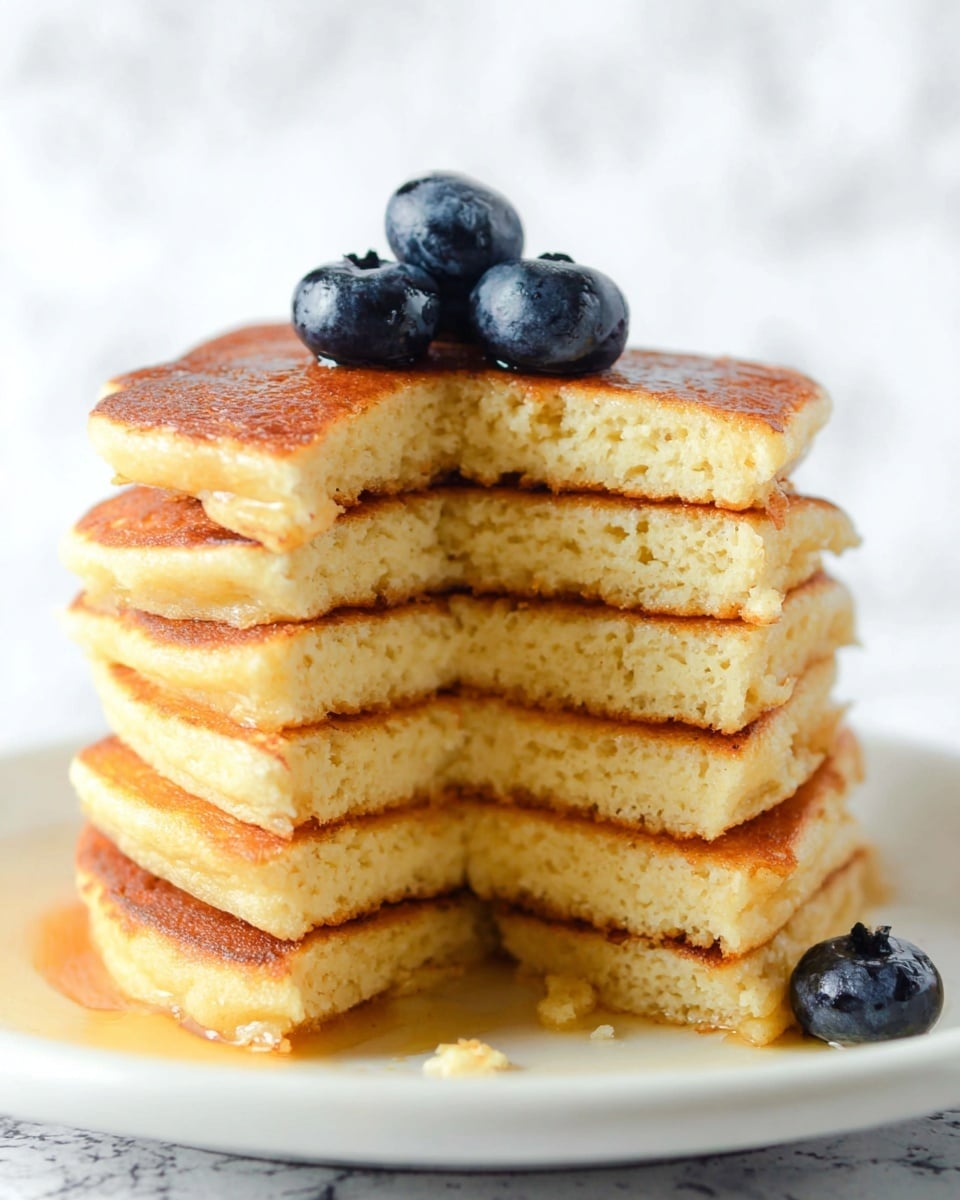 A tall stack of seven golden brown pancakes with soft and fluffy texture is shown on a white plate. The stack is neatly cut from the side, revealing the thick even layers inside, each layer a light yellow shade with a slightly browned crust. A few shiny fresh blueberries rest on top of the pancakes, with one blueberry placed on the plate in front. The background features a white marbled texture, adding a clean, bright feel to the image. photo taken with an iphone --ar 4:5 --v 7