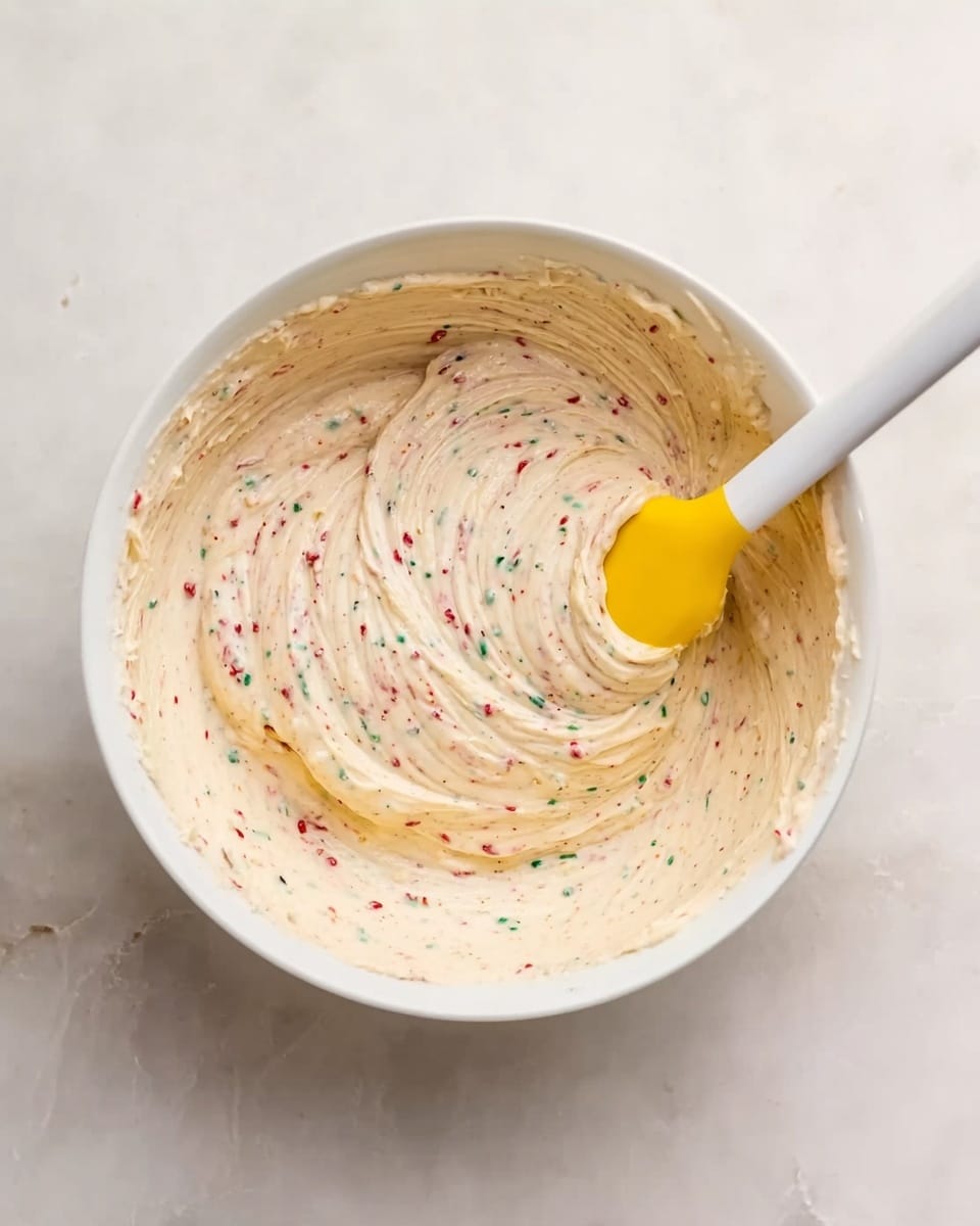 A white round bowl filled with a creamy mixture that has small red, green, and possibly brown specks evenly spread throughout the pale beige base. A yellow spatula with a white handle is partially inside the mixture, showing smooth swirling patterns on the surface. The bowl sits on a white marbled background. photo taken with an iphone --ar 4:5 --v 7