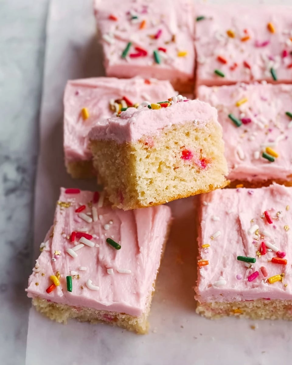 A close-up view of a tray with square pieces of soft cake topped with thick, smooth light pink frosting. Each square has colorful sprinkles scattered on top, adding small dots of red, green, yellow, and purple. One piece is lifted slightly, showing the inside of the cake which has a light yellow color with tiny colorful bits inside, matching the sprinkles on top. The tray sits on a white marbled surface. photo taken with an iphone --ar 4:5 --v 7