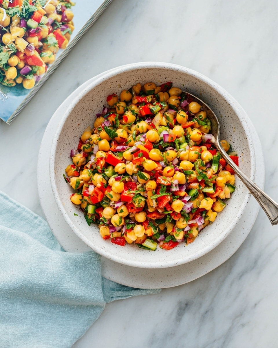 A bowl of chickpea salad sits on a white marbled surface, layered in a white speckled bowl placed on a larger white plate. The salad has three main layers: the base is warm yellow chickpeas, mixed with finely chopped red bell peppers, green herbs, small pieces of red onion, and green bell peppers scattered evenly through it, creating a colorful mix. A silver spoon rests inside the bowl, positioned on the left side. A light blue cloth and white napkin are placed at the bottom left corner, and a cookbook with a bright salad cover is partially visible in the top right corner. Photo taken with an iphone --ar 4:5 --v 7