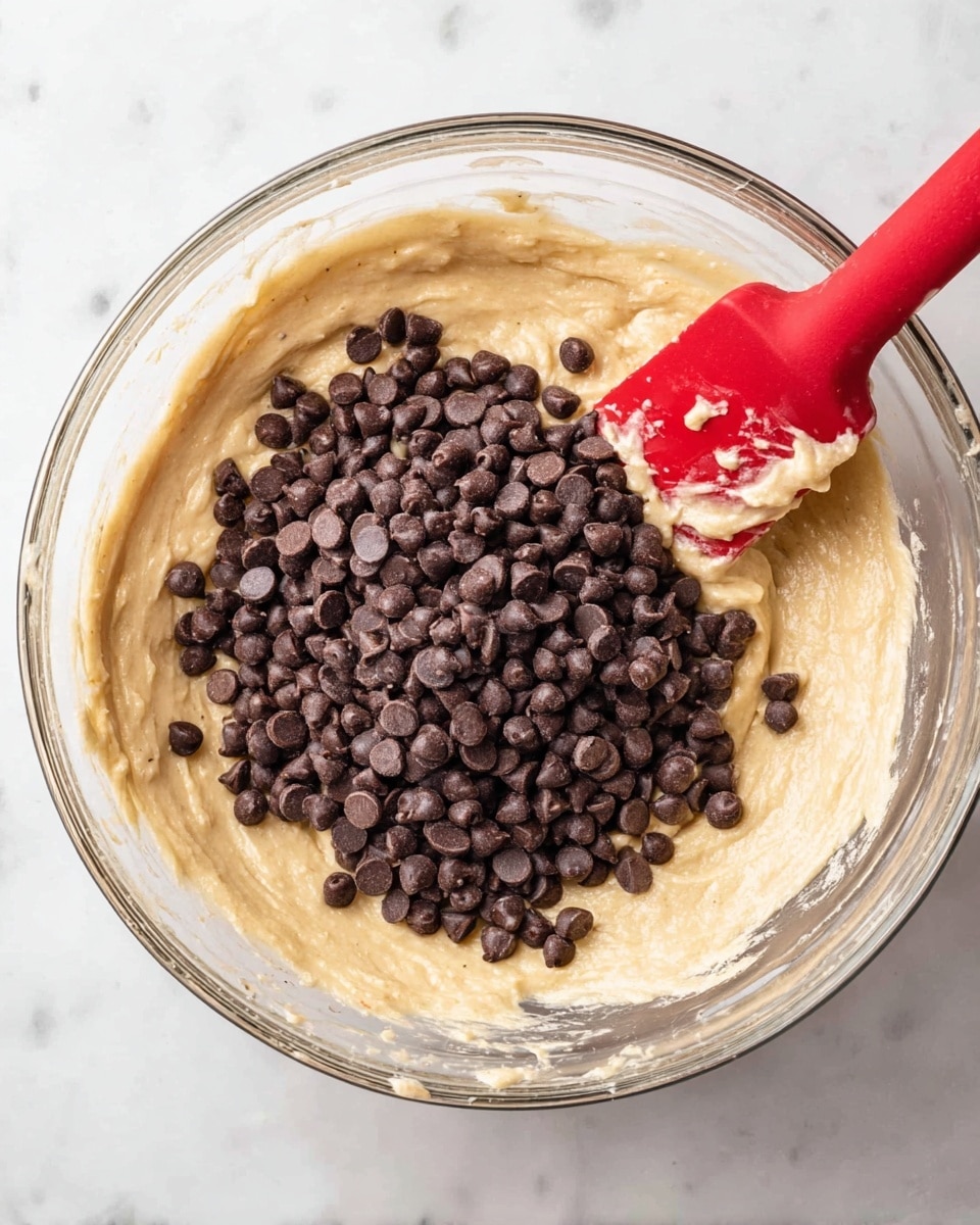 A clear glass bowl is filled with creamy light tan batter that has a smooth yet slightly thick texture. On top of the batter, there is a large pile of small, dark brown chocolate chips centered in the bowl. A red spatula with a wooden handle is partially dipped into the batter on the right side, with some batter clinging to the spatula. The bowl sits on a white marbled surface. Photo taken with an iphone --ar 4:5 --v 7