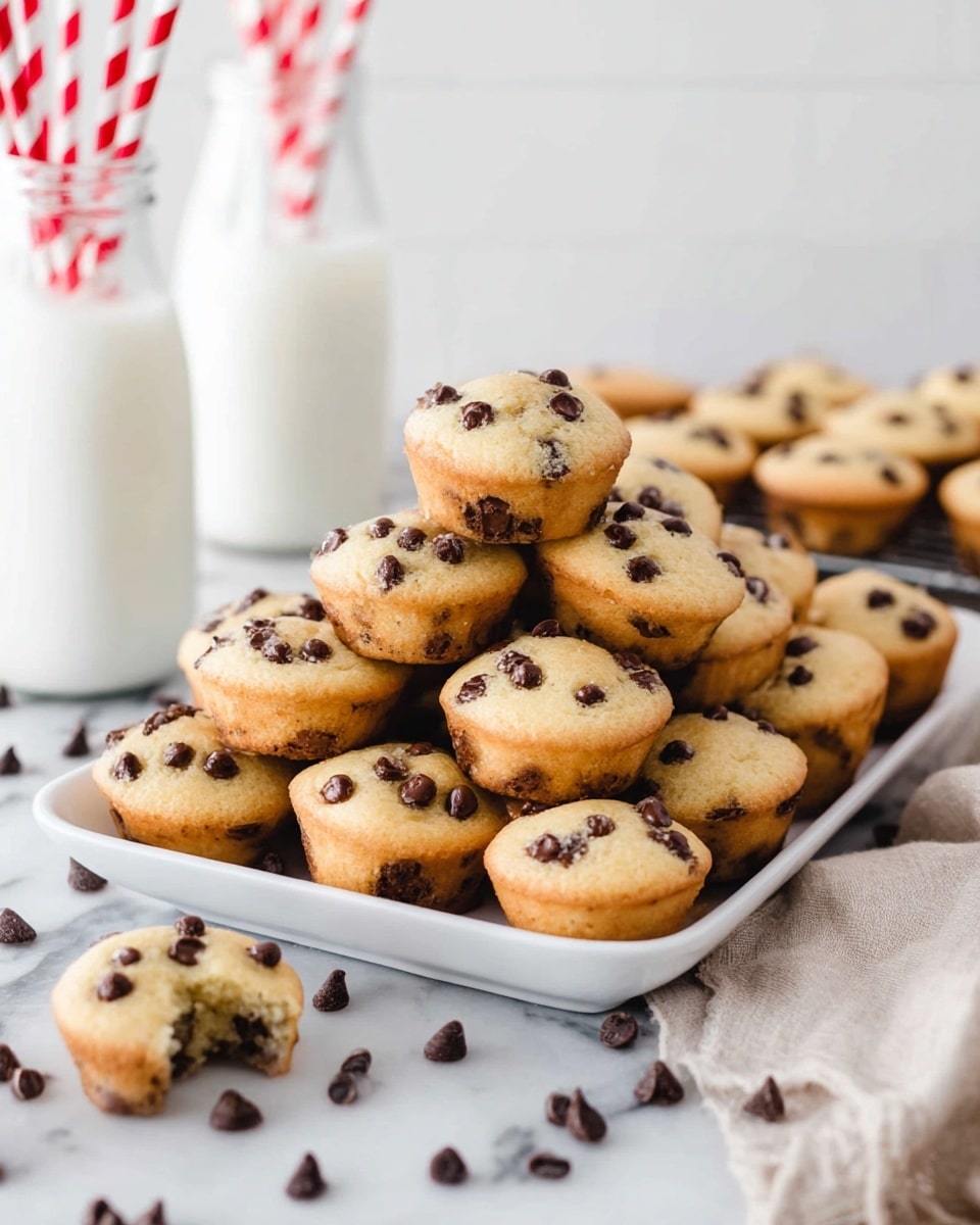 A large pile of small, golden-brown mini muffins filled with dark chocolate chips is stacked on a white rectangular plate. The muffins show a soft texture with chocolate chips scattered inside and on top, shining slightly. The plate sits on a white marbled surface, around which dark chocolate chips are sprinkled. In the background, there are clear glass bottles filled with milk, some with red and white striped straws, and a beige cloth casually draped. One broken mini muffin with visible chocolate chips inside is at the front left corner of the plate. The scene looks bright and fresh, creating a warm and inviting atmosphere. photo taken with an iphone --ar 4:5 --v 7