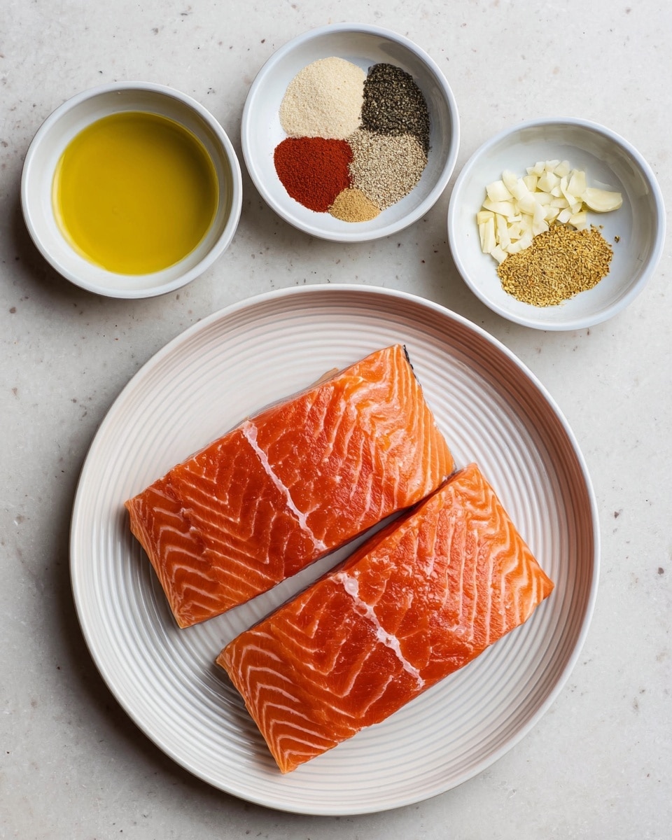Two thick pieces of raw salmon with bright orange color and white lines are placed side by side on a white round plate with subtle spiral ridges. Above the plate, three small white bowls hold different ingredients: the left bowl contains golden olive oil, the middle bowl has a variety of spices including light beige, dark brown, black, white, and red powders arranged in separate sections, and the right bowl holds a small amount of minced garlic. All items rest on a white marbled surface. photo taken with an iphone --ar 4:5 --v 7