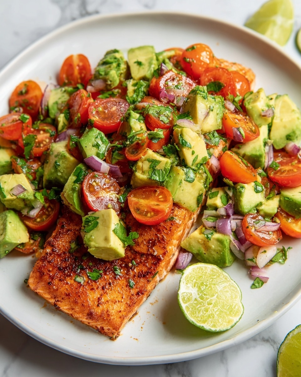 A white plate sits on a white marbled surface holding a layered dish. The bottom layer is a warm, lightly browned cooked fillet with a slightly crispy texture and reddish-orange color. On top, there is a fresh mix of halved red cherry tomatoes, medium-sized green avocado chunks, and small pieces of red onion, all sprinkled with chopped green herbs. Around the edges of the plate are three lime wedges with a pale green and light yellow color. The overall look is fresh, colorful, and inviting. Photo taken with an iphone --ar 4:5 --v 7