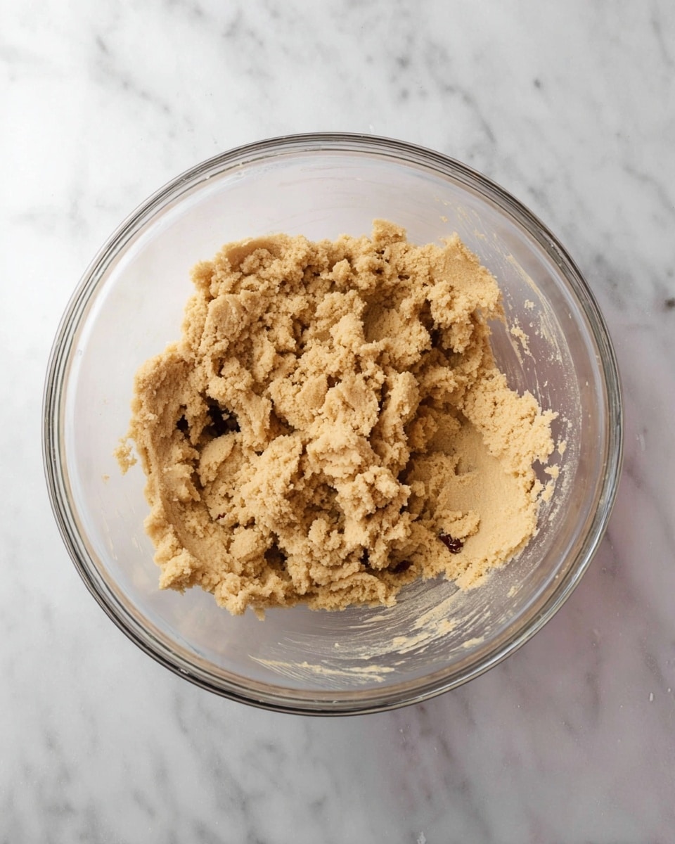 A clear glass bowl sits on a white marbled surface, filled with a light brown dough mixture. The dough looks soft and slightly crumbly, unevenly spread inside the bowl with some dough stuck to the sides. The texture appears thick and somewhat grainy, with no other visible ingredients or decorations. The bowl is round and transparent, allowing a clear view of the dough inside photo taken with an iphone --ar 4:5 --v 7