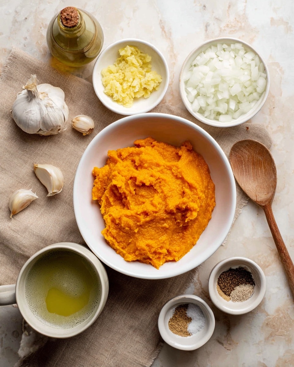 The image shows a white bowl in the center filled with a thick, bright orange puree with a soft, slightly chunky texture. Surrounding it are several small white bowls and mugs: one with finely chopped white onions and a wooden spoon on the right, another with minced yellow ginger on the left, a small mug with greenish-yellow liquid at the bottom left, a mug filled with frothy white liquid at the top center, and a small cup with mixed dry spices and salt at the bottom right. There are also two garlic cloves and a small ceramic jar of olive oil near the top left. All items are placed on a beige cloth over a white marbled surface. Photo taken with an iphone --ar 4:5 --v 7