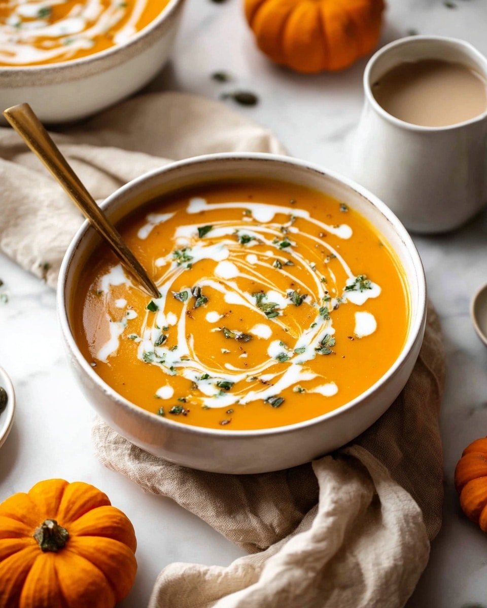 The image shows a bowl of smooth bright orange pumpkin soup topped with swirls of white cream and scattered small green herb pieces. The creamy soup fills the white bowl almost to the top, with a gold spoon resting inside on the left side. Around the bowl, there is a cream-colored cloth and small orange pumpkins on a white marbled surface. In the background, there are parts of other white bowls and cups with light-colored liquid. The scene is warm and cozy with soft natural lighting. photo taken with an iphone --ar 4:5 --v 7