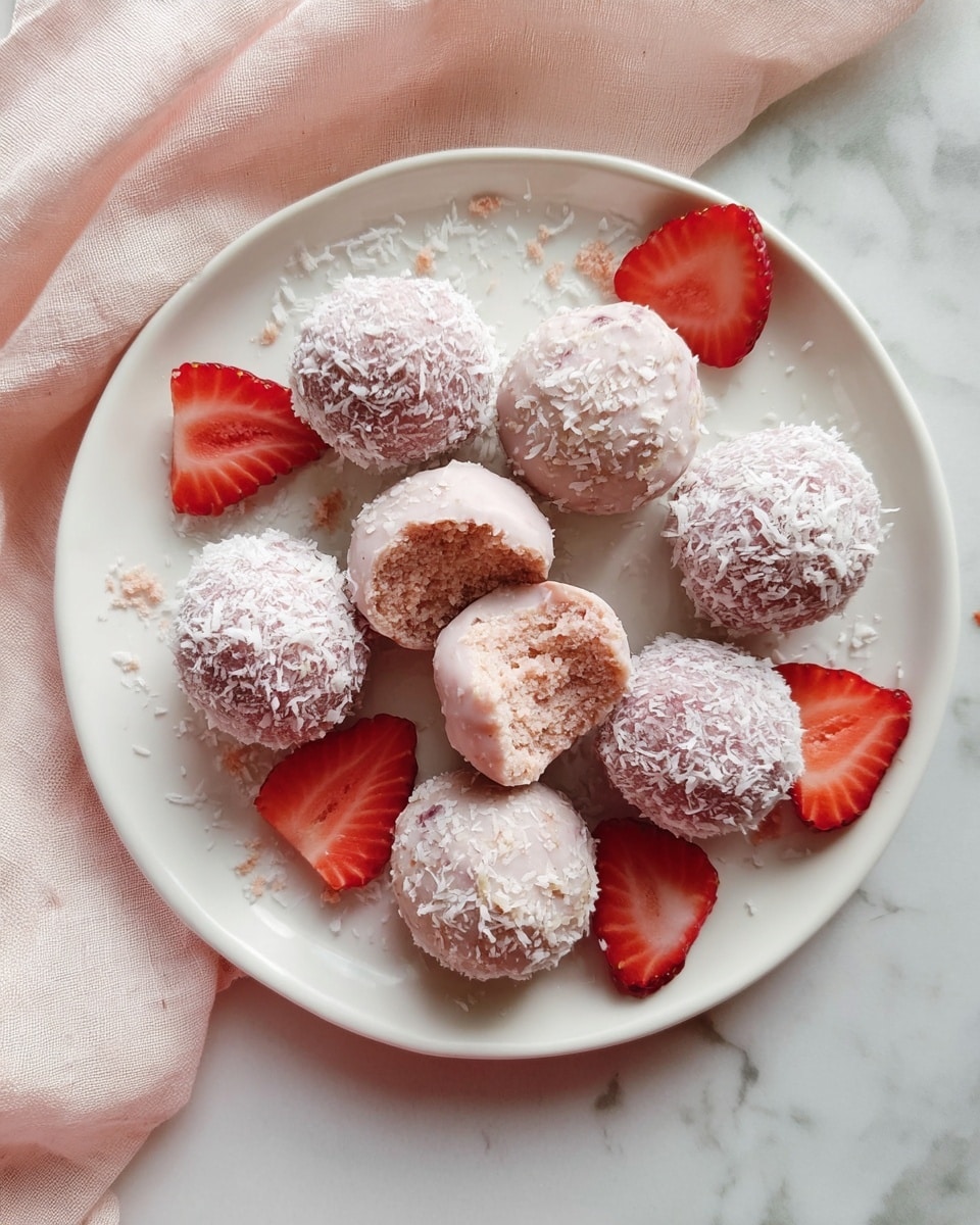 A white plate holds ten round treats, five covered in shredded white coconut flakes giving a textured, rough look, and five with a smooth, light pink coating with some small bits inside. One coconut-covered treat is broken open, showing a soft, pale pink inside with a few small pieces. The plate is decorated with bright red strawberry halves placed between the treats. The plate rests on a white marbled surface, with a soft pale pink cloth draped underneath. Photo taken with an iphone --ar 4:5 --v 7