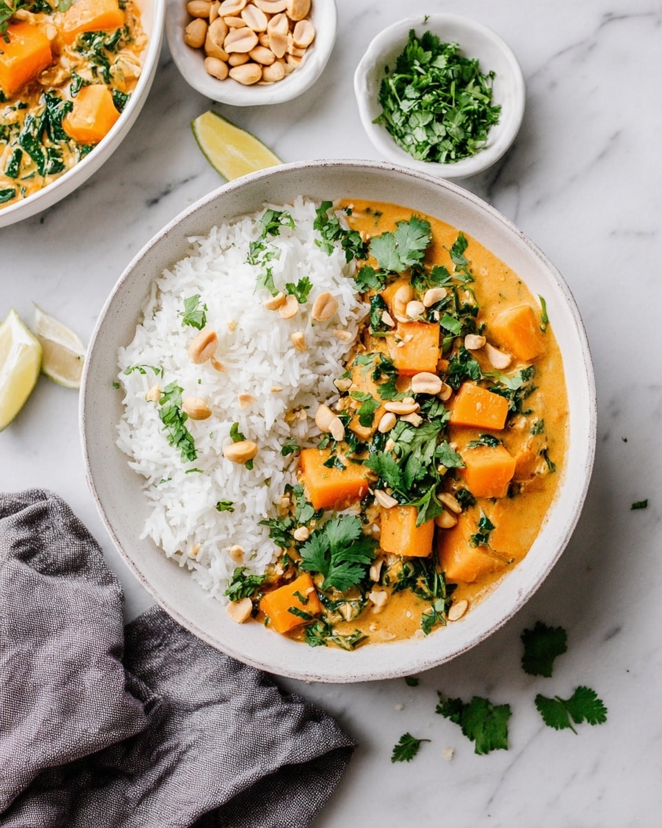 A white bowl sitting on a white marbled surface holds two main layers: on the left, fluffy white rice with a few scattered peanuts and green herb leaves, and on the right, a creamy orange curry with soft, cubed orange vegetables and dark green leafy vegetables mixed in. Fresh green coriander leaves are sprinkled over the top of the curry, adding a bright color contrast. Around the bowl, there are small white bowls containing peanuts and chopped green herbs, a lemon wedge, and some scattered herb leaves. A gray cloth napkin lies partially under the bowl near the bottom left corner. Photo taken with an iphone --ar 4:5 --v 7