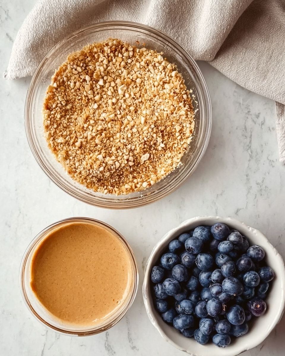 The image shows three clear glass bowls placed on a white marbled surface. The top bowl is filled with a light brown mix of oats and crushed nuts, showing a crumbly texture with grains and tiny nut pieces. Below it to the left is a bowl with a smooth, light brown sauce or batter, creamy and mixed evenly without lumps. To the right of the sauce bowl, there is a small white bowl filled with fresh blueberries, deep blue with a slight sheen, each berry round and plump. A soft beige cloth is casually folded and placed near the top left corner. Photo taken with an iphone --ar 4:5 --v 7