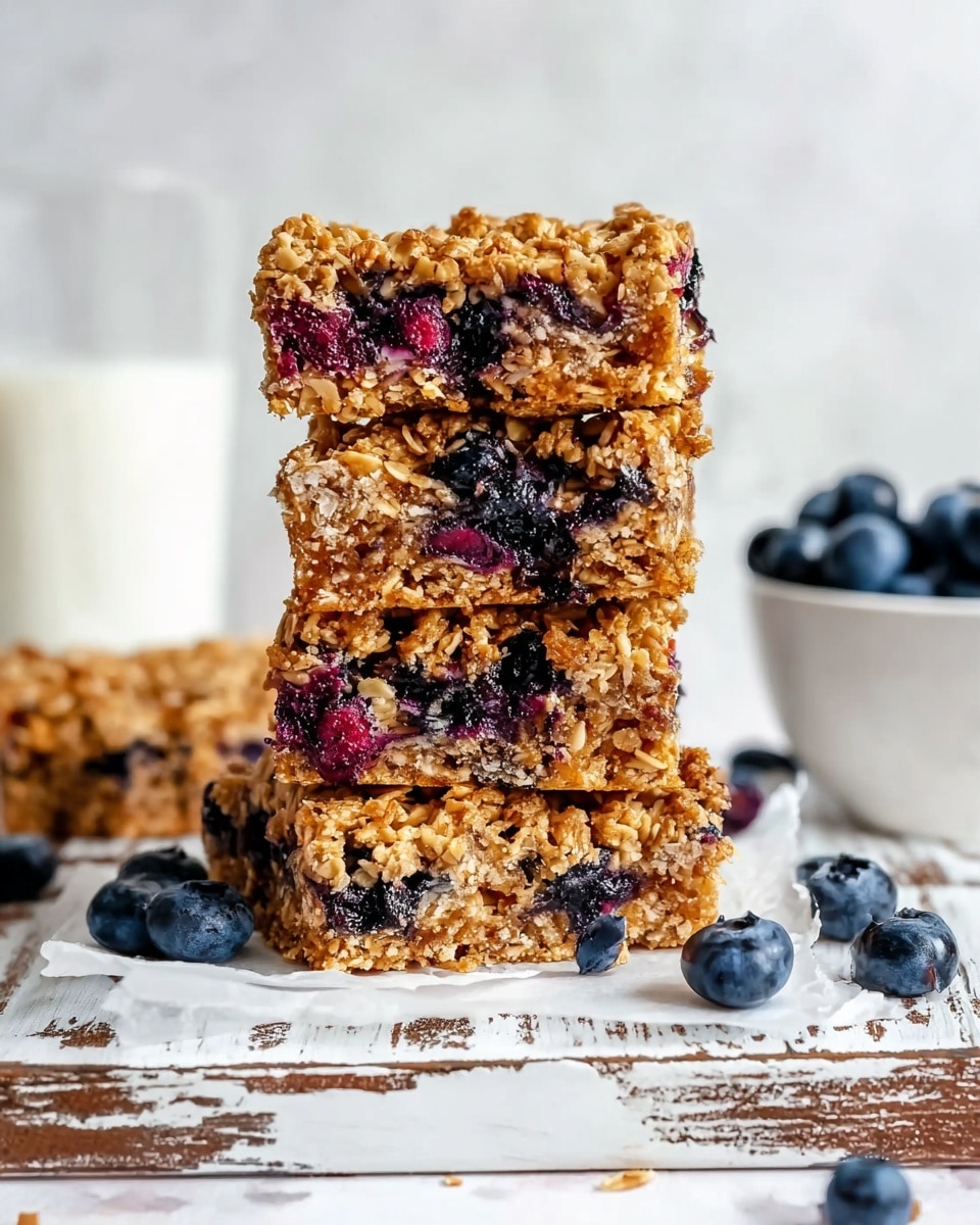 The image shows a stack of four square oat and berry bars with a rough, crumbly texture and visible oats. Each bar is golden brown with scattered dark purple and red berries baked inside, some of which are slightly bursting out. The bars are placed on white parchment paper on a rustic wooden surface with white chipped paint, and loose blueberries surround the base of the stack. In the background, there's a small white bowl filled with fresh blueberries and a glass of milk, all set on a white marbled surface. photo taken with an iphone --ar 4:5 --v 7