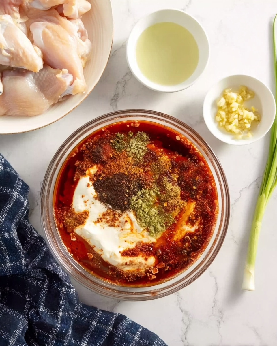 A clear glass bowl on a white marbled surface contains a layered mix of ingredients: a thick white sauce or cream in the center, surrounded by a rich red sauce with dark brown and green dry spices sprinkled on top. Nearby on the left is a white plate holding raw chicken pieces, and above the glass bowl are two small white bowls, one with a light green liquid and the other with minced pale yellow garlic. A dark blue plaid cloth lies partially to the left of the glass bowl, and some green onions are visible at the top right corner. photo taken with an iphone --ar 4:5 --v 7