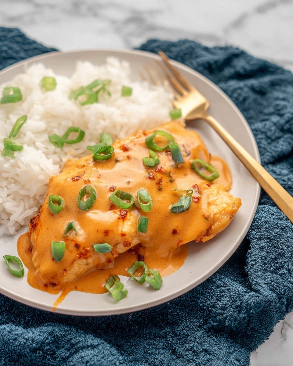 A white plate holds a piece of cooked chicken topped with a smooth, orange creamy sauce and garnished with small, bright green chopped scallions scattered across the top. Next to the chicken is a serving of white rice with a soft, fluffy texture. A golden fork lies above the food on the plate. The plate rests on a dark blue textured cloth, while the background shows a white marbled surface. photo taken with an iphone --ar 4:5 --v 7