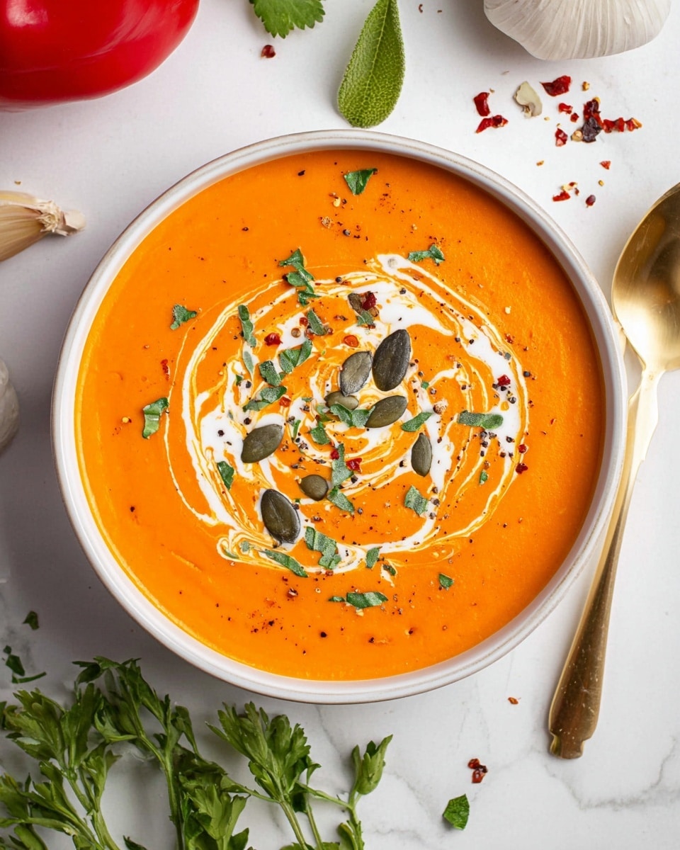 A white bowl filled with smooth, thick, bright orange soup is shown from above. The soup has a swirl of white cream on top, decorated with small green herb leaves and scattered dark green pumpkin seeds. There are also tiny red chili flakes and black pepper specks sprinkled lightly over the surface. The bowl sits on a white marbled background with a golden spoon placed beside it. Around the bowl, fresh green herb sprigs are spread out, along with a garlic bulb and part of a red vegetable, adding fresh and natural accents to the scene. Photo taken with an iphone --ar 4:5 --v 7
