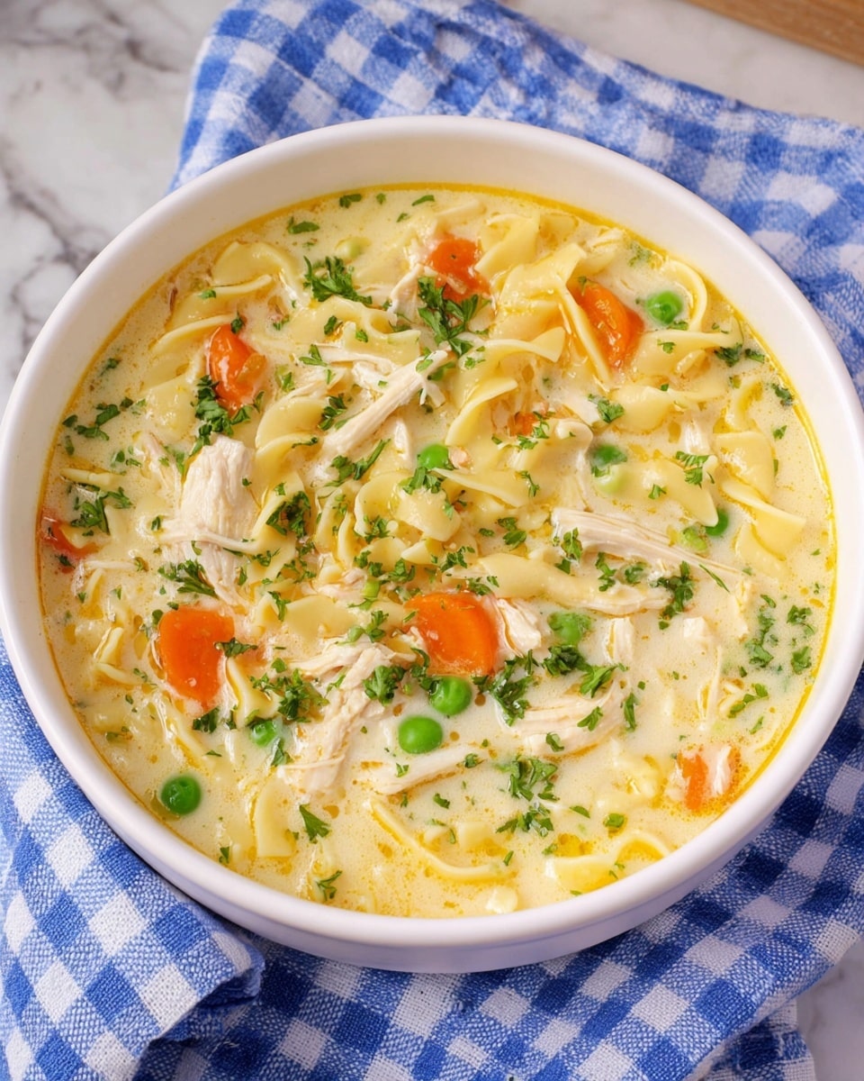 A white bowl filled with creamy chicken noodle soup placed on a blue and white checkered cloth over a white marbled surface. The soup has three main visible layers: a smooth, light yellow broth forming the base, a mid-layer of shredded white chicken and small, soft carrot slices scattered throughout, and a top layer sprinkled with bright green peas and chopped parsley, adding a fresh texture and color contrast. Thin, curly noodles float through the soup, blending smoothly with the other ingredients. The overall look is warm, hearty, and inviting. photo taken with an iphone --ar 4:5 --v 7
