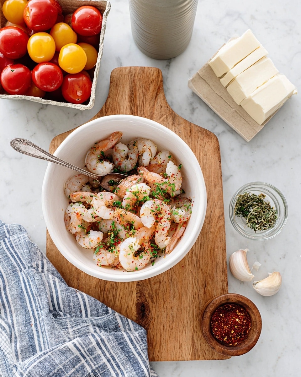 A white bowl filled with raw shrimp seasoned with red pepper flakes and chopped parsley sits on a wooden cutting board. A silver spoon rests inside the bowl among the shrimp. To the right, there is a small white bowl stacked with rectangular white blocks of cheese and a tall grey bottle behind it. To the left, a small cardboard container holds a mix of red and yellow cherry tomatoes, resting against a blue and white striped cloth. Below the cutting board on the white marbled surface, there is a glass jar filled with red spice, a small round wooden bowl with dried herbs, and three cloves of garlic. Photo taken with an iphone --ar 4:5 --v 7