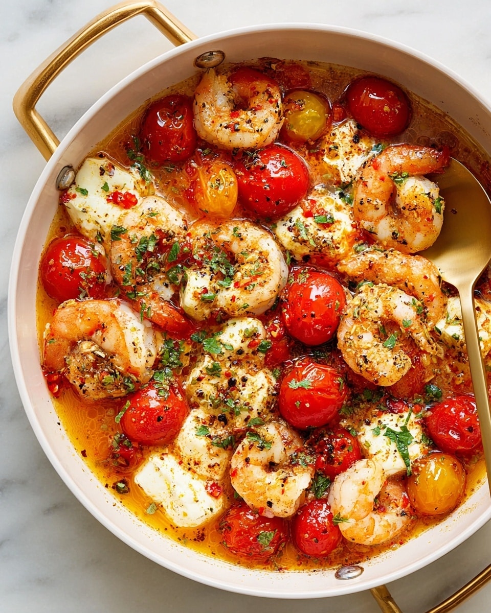 This dish shows a white pan filled with several cooked shrimp that are light orange with some darker spices on them, surrounded by many bright red, yellow, and orange cherry tomatoes cooked until soft. There are also small white cheese pieces melted and around the shrimp and tomatoes, sprinkled with green parsley leaves and red chili flakes. The sauce in the pan is shiny and orange, with herbs and spices scattered on top. The pan has shiny gold handles and sits on a white marbled surface. A gold spoon rests on the right side of the pan photo taken with an iphone --ar 4:5 --v 7