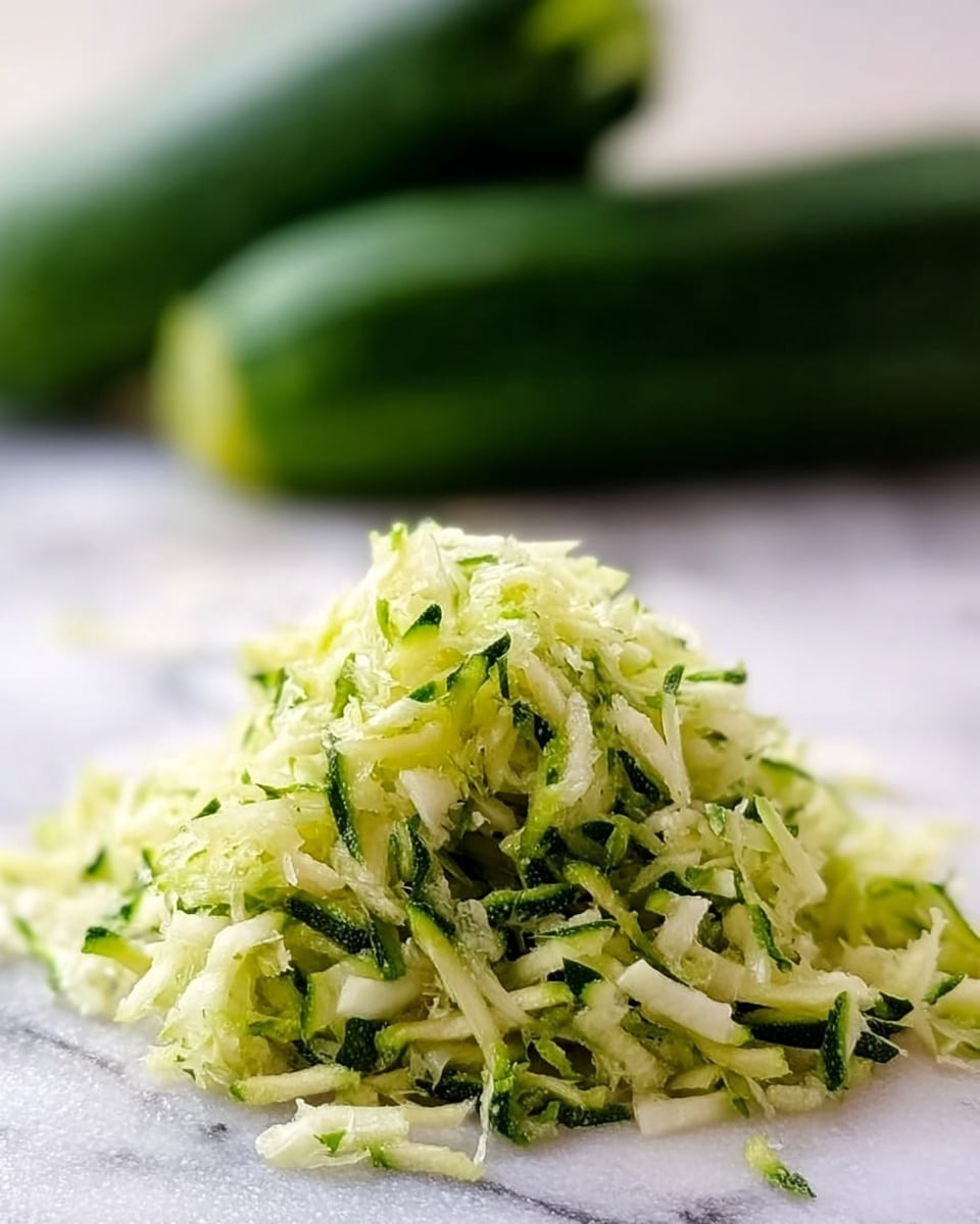The image shows a small pile of finely shredded light green zucchini placed on a white marbled surface. The zucchini shreds have a mix of pale green and darker green bits from the skin, giving the pile a fresh and moist texture. In the blurred background, there are two whole zucchinis with dark green skins. The focus is on the shredded zucchini, with soft natural lighting highlighting the colors and texture. Photo taken with an iphone --ar 4:5 --v 7