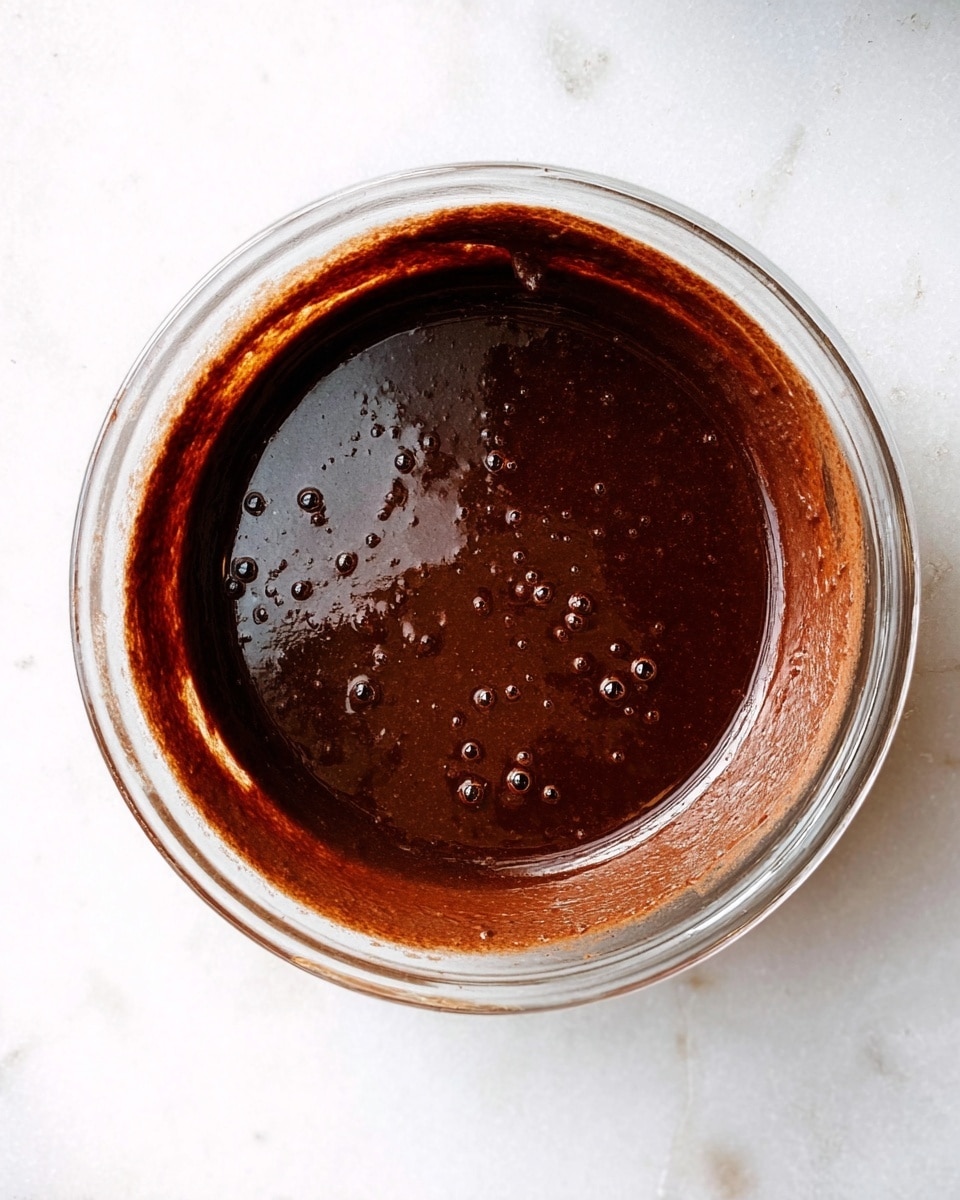 A clear glass bowl filled with a thick, dark brown chocolate mixture that has a shiny, smooth texture with some small air bubbles on the surface. The mixture coats the inner sides of the bowl, showing slight streaks and uneven edges, while the bowl rests on a white marbled surface. Photo taken with an iphone --ar 4:5 --v 7