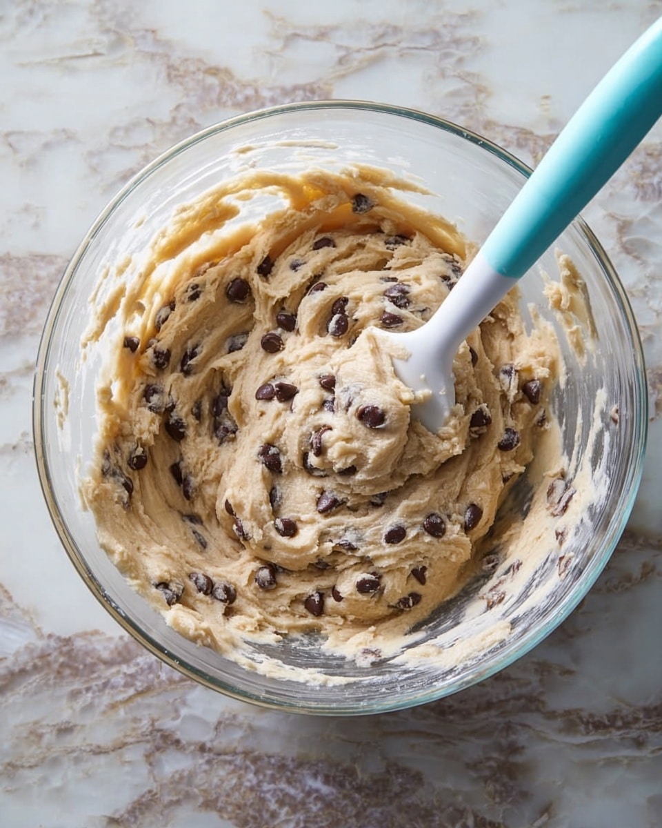 A clear glass bowl holds thick, light beige cookie dough mixed evenly with many dark brown chocolate chips, creating a speckled look throughout. A light blue silicone spatula with a white handle rests inside, partially covered with dough. The bowl is placed on a white marbled surface with soft grey and light brown veins. The dough looks creamy but dense, with small air pockets and some swirled texture where the spatula has moved through it. photo taken with an iphone --ar 4:5 --v 7