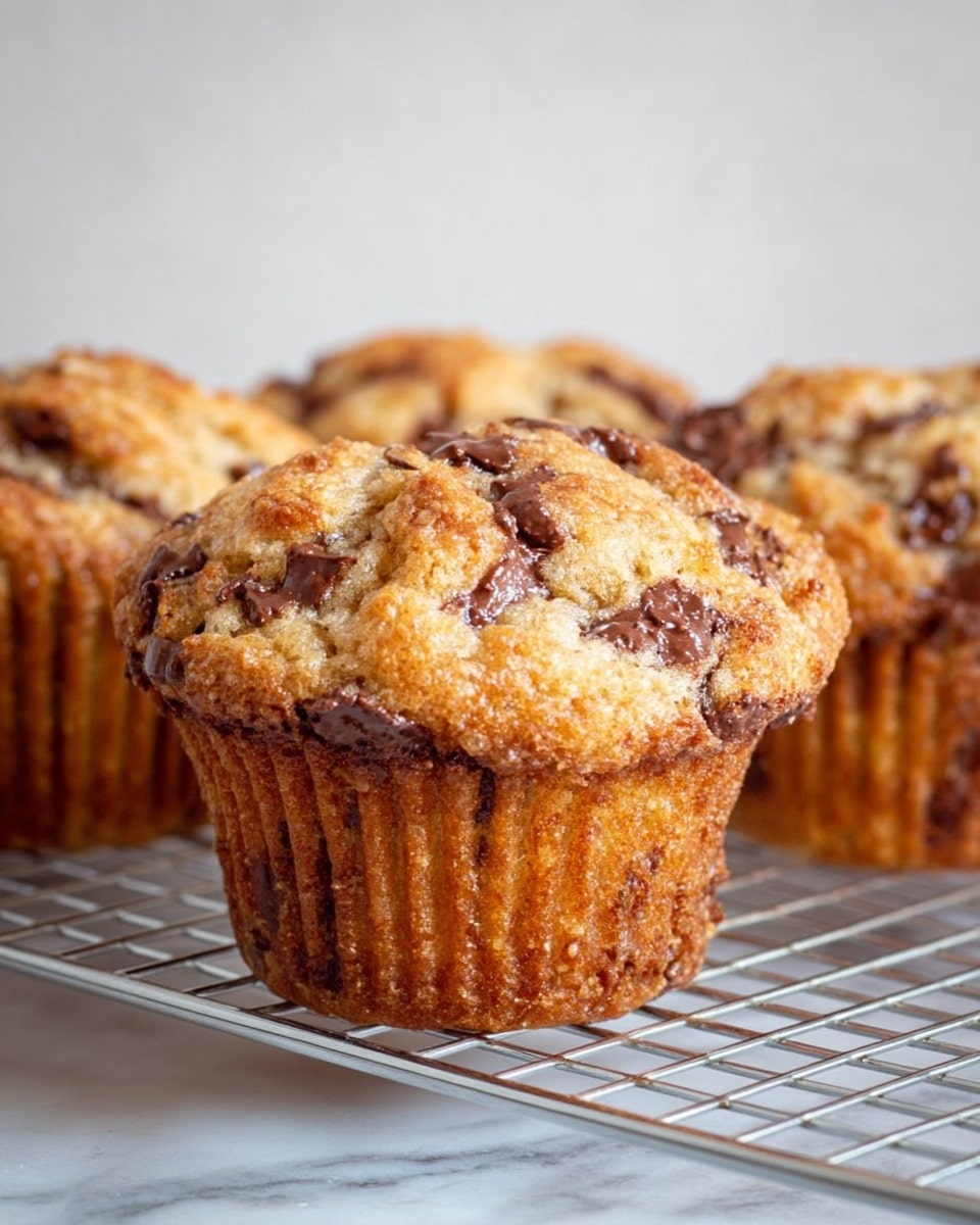 The image shows three muffins with a golden brown color and a slightly cracked top, revealing bits of melted chocolate throughout. The muffins have a textured surface with embedded chocolate chunks, creating dark spots on the light brown muffin base. They rest on a silver cooling rack positioned over a white marbled surface. The background is plain with a soft off-white color, putting full focus on the muffins. Photo taken with an iphone --ar 4:5 --v 7