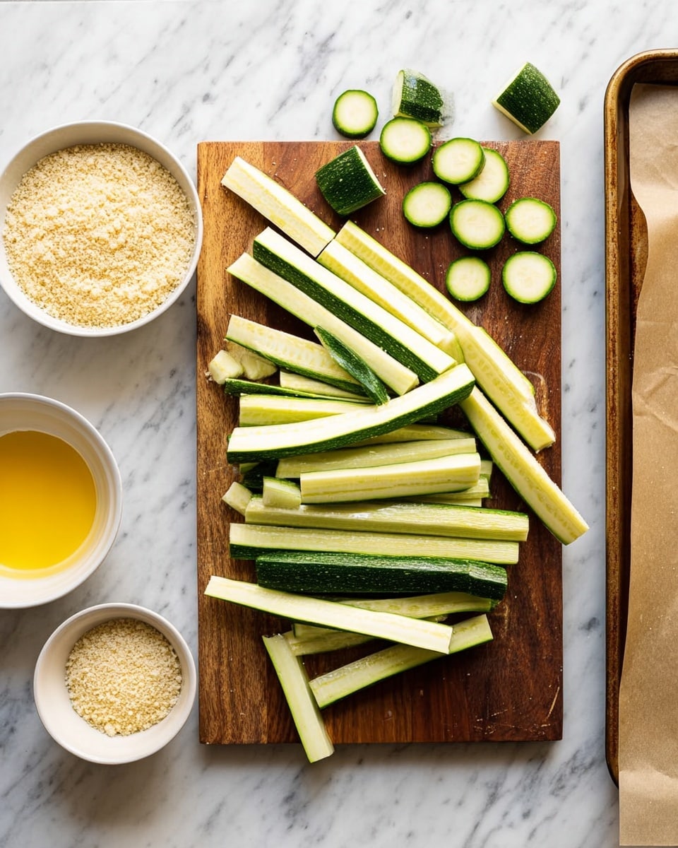 A wooden cutting board placed on a white marbled surface is filled with many long, green and white zucchini sticks arranged loosely across it. At the top right of the board sit small round zucchini pieces, some whole and some sliced in half, showing a dark green outer skin and pale green interior. To the left of the board, there are two white bowls, one filled with light beige breadcrumbs and the other with a yellow beaten egg mixture. On the right edge of the image, a baking tray lined with light brown parchment paper is partially visible. The whole scene is bright with natural light, showing fresh ingredients ready for preparation. photo taken with an iphone --ar 4:5 --v 7