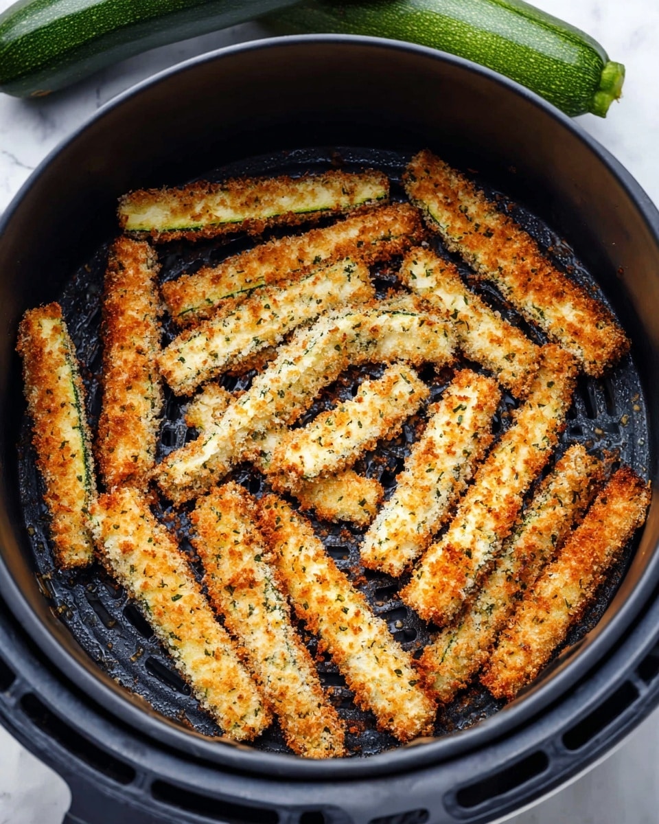 Inside a black air fryer basket are about seventeen golden brown breaded zucchini sticks, arranged loosely and showing a crisp, crumbly texture with green herb specks in the coating. Each stick is long and thin, with the green zucchini skin faintly visible beneath the crunchy crust. The background shows two whole fresh zucchinis lying on a white marbled surface next to the air fryer, which has a hint of white on its outside rim. The view is from above, focusing on the color and texture contrast between the crispy sticks and the smooth black basket photo taken with an iphone --ar 4:5 --v 7