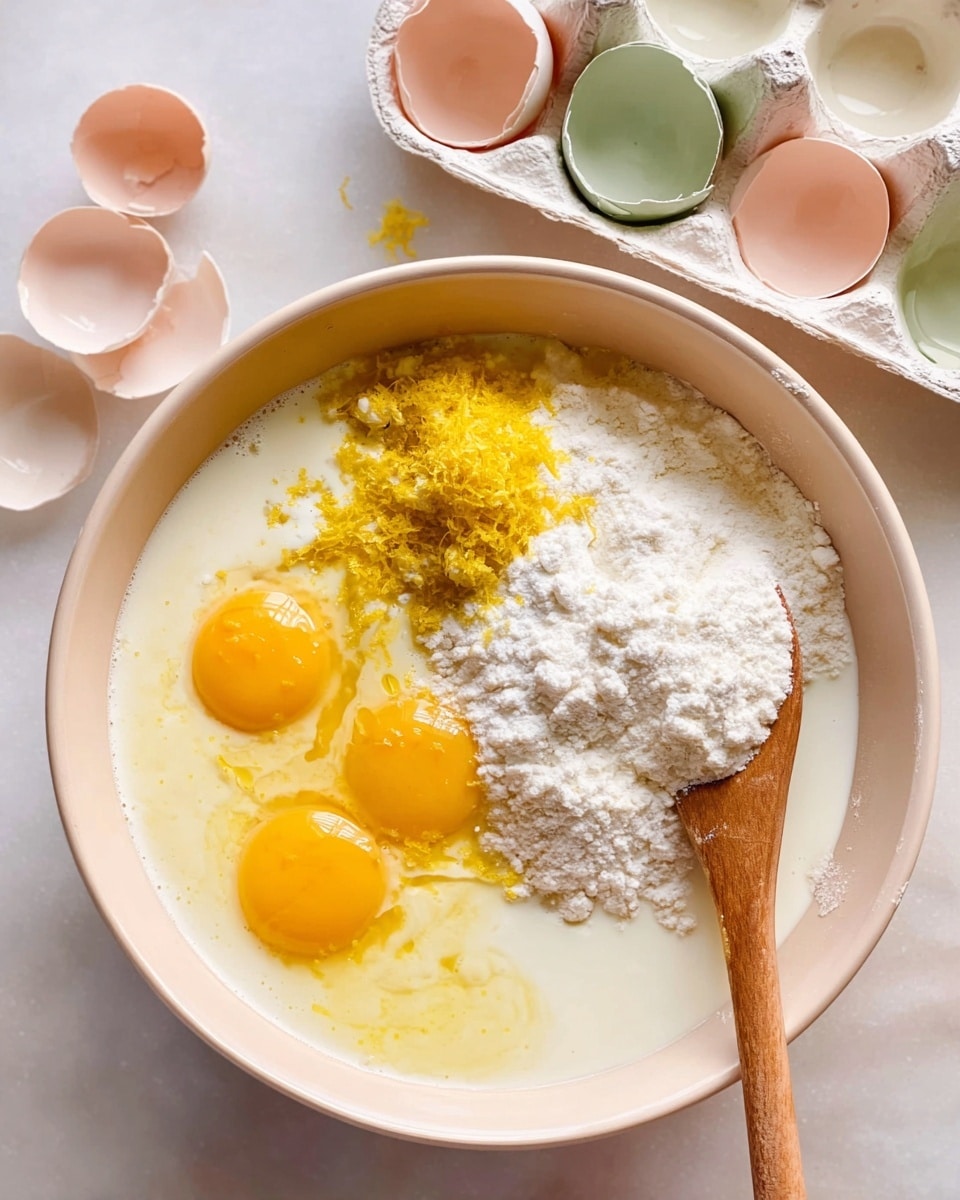A close-up view of a white bowl filled with several ingredients ready to be mixed: four bright yellow egg yolks with clear egg whites, fine white flour in a small pile, white sugar, and a mound of yellow lemon zest on top. There is also a light creamy liquid, likely milk or cream, surrounding these ingredients. A wooden spoon rests inside the bowl touching the eggs and cream. In the background, a white egg tray holds cracked eggshells with pale green and pinkish sides. The bowl is set on a white marbled surface photo taken with an iphone --ar 4:5 --v 7