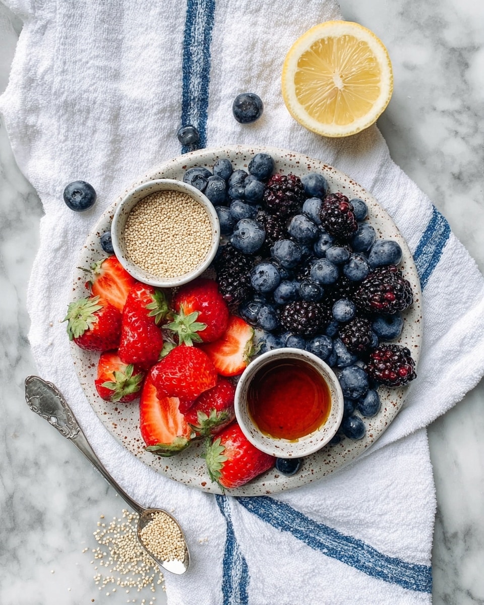 A white speckled round plate sits on a white marbled surface covered with a white cloth that has blue stripes. On the plate, there are three main layers: the outer layer is made of fresh blueberries and blackberries densely packed, the middle layer has whole and halved strawberries with bright red color and green tops scattered among the berries, and in the center of the plate, there are two small bowls – one filled with light-colored quinoa seeds and the other with a dark amber syrup. Next to the bowls, there is a half slice of lemon showing its yellow juicy interior. A silver spoon with quinoa seeds rests on the cloth near the plate, some seeds spilled beside it. The photo taken with an iphone --ar 4:5 --v 7
