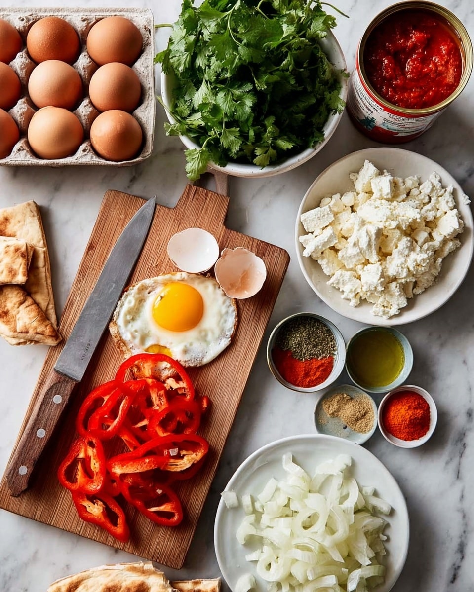 The image shows a wooden board on a white marbled surface with a red bell pepper, a few sliced red pepper strips, and a garlic bulb. A knife with a wooden handle rests on the board. Next to the board, there is a white bowl filled with fresh green cilantro leaves. Above the board, there is a carton with brown eggs, with one egg placed outside it on the marble surface. To the right, a small white bowl contains three different spices in distinct sections: green, red, and orange powders. Nearby, a white plate holds crumbled and block white cheese. A can of red tomato sauce is open, showing its contents. In the bottom right corner, a bowl filled with finely chopped white onions sits on the white marbled surface. At the bottom left, pieces of pita bread are placed next to the board. photo taken with an iphone --ar 4:5 --v 7