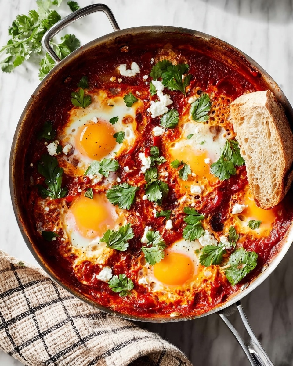 A silver pan on a white marbled surface holds a dish with four sunny-side-up eggs, each resting in a deep red, chunky tomato sauce. The bright yellow yolks of the eggs contrast with the rich red sauce, dotted with white crumbles of cheese and fresh green cilantro leaves scattered on top. A piece of light brown bread is placed inside the pan, partially dipped into the sauce near one egg. A beige and black checkered cloth is placed next to the pan, partly folded. Photo taken with an iphone --ar 4:5 --v 7