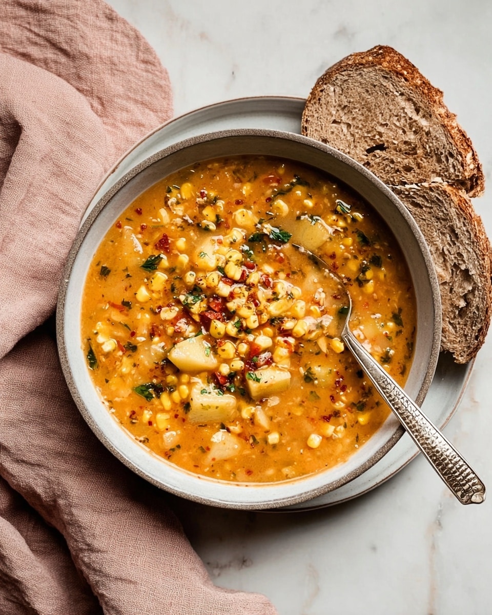 A white bowl with a gray rim is filled with chunky orange soup that has visible layers of yellow corn kernels, small green herb pieces, some red bits, and light brown potato chunks mixed throughout. A silver spoon with a patterned handle rests inside the bowl on the right side. A piece of rustic brown bread leans on the left edge of the bowl, and more brown bread slices sit on a white plate to the right. The bowl is placed on a soft pink cloth on top of a white marbled surface. photo taken with an iphone --ar 4:5 --v 7