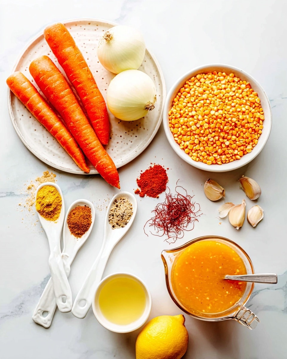 The image shows various ingredients arranged neatly on a white marbled surface. Two whole orange carrots and two halves of a white onion sit on a white plate along with several cloves of garlic. Four white ceramic spoons arranged diagonally on the plate hold different spices: a small mound of yellowish powder, bright red powder, a small amount of dried red strands, and a small pile of ground brown spice in a small bowl on the plate. To the right, a white bowl full of bright yellow corn kernels is placed above a larger white bowl filled with orange lentils, containing a silver spoon. Nearby, a small white bowl contains a light yellow liquid with black pepper. Next to it, a clear measuring cup holds orange broth, and a whole yellow lemon lies in a small white bowl at the bottom. Two small silver spoons at the top right hold coarse spice mix and white salt photo taken with an iphone --ar 4:5 --v 7
