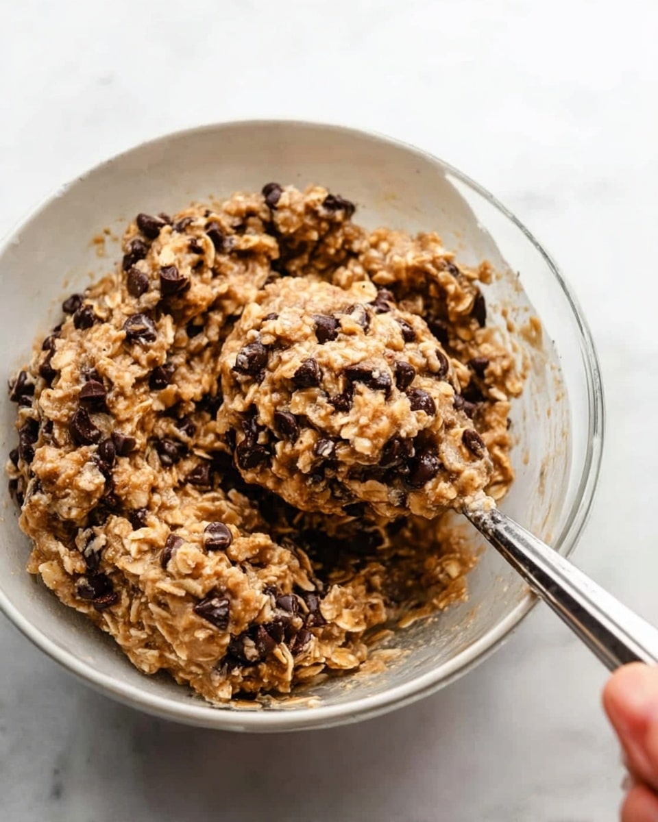 A clear white bowl filled with a thick, chunky mixture of oats and small dark chocolate chips, with a woman's hand holding a silver scooping tool lifting a rounded scoop from the bowl. The oats look soft and sticky, mixed well with the chocolate chips that add dark spots throughout. The bowl rests on a white marbled surface, the texture of the mixture showing clumps and bits sticking together. Photo taken with an iphone --ar 4:5 --v 7