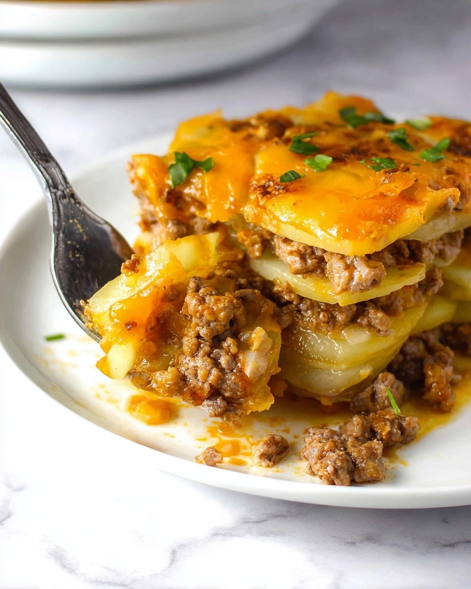 The dish shows several layers of thin yellow potato slices stacked with cooked brown ground meat and melted orange cheese between each layer, topped with more cheese and small green herb pieces. A silver fork holds a portion of the layered food, showing the soft textures of the potatoes and the crumbly meat mixed with cheese. The food sits on a white plate, which rests on a white marbled surface. photo taken with an iphone --ar 4:5 --v 7