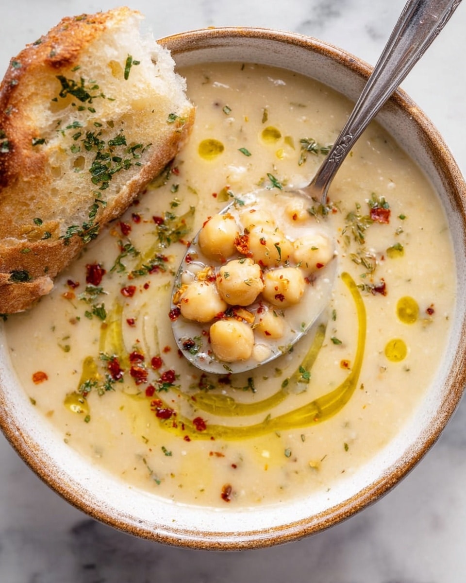 A bowl of creamy beige soup with small chickpeas visible throughout, topped with a swirl of golden olive oil and sprinkled with red chili flakes and green dried herbs. A silver spoon lies on top of the soup, holding a spoonful showing thick texture and small chickpeas. A piece of crusty bread with herbs rests on the edge of the bowl. The bowl has a rustic edge and sits on a white marbled surface. Photo taken with an iphone --ar 4:5 --v 7