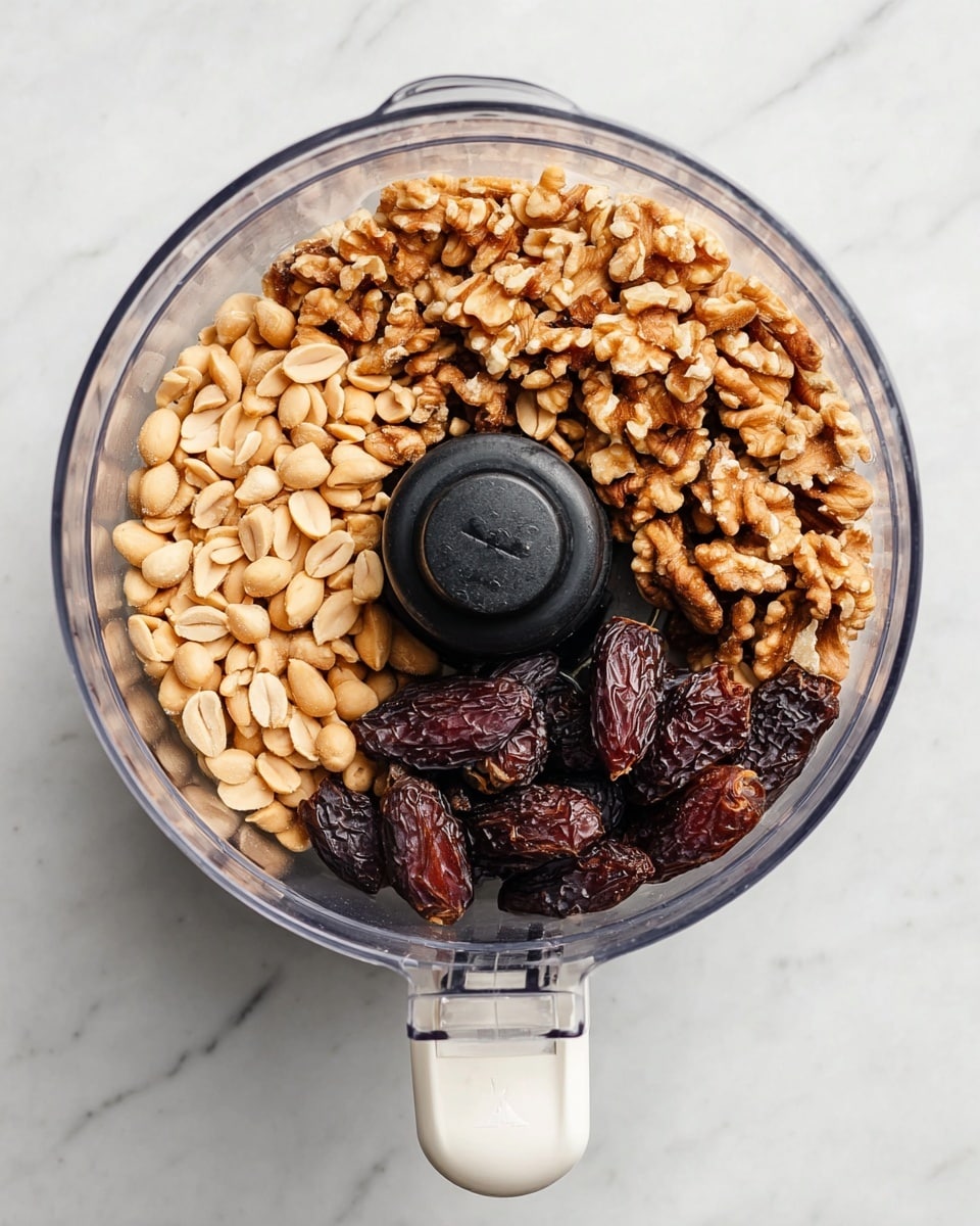 A clear food processor bowl shown from above contains three types of ingredients arranged in separate sections: light brown peanuts filling the left side, medium beige walnuts with a rough texture at the bottom, and dark brown dates with wrinkled skin and a sticky look on the right. The bowl has a white handle and sits on a white marbled surface. In the center is a black circular blender blade cover. photo taken with an iphone --ar 4:5 --v 7