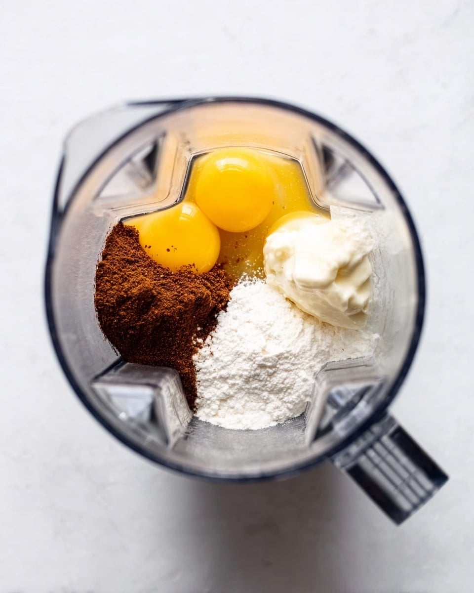 The image shows a close-up top view of a blender container on a white marbled surface. Inside the blender, there are four main layers: two cracked raw eggs with bright yellow yolks on the left side, a dark brown powder spice on the bottom left, a heap of white powder on the right side, and a small dollop of creamy white substance near the top right. The blender container is clear with metal blades visible at the bottom. Photo taken with an iphone --ar 4:5 --v 7