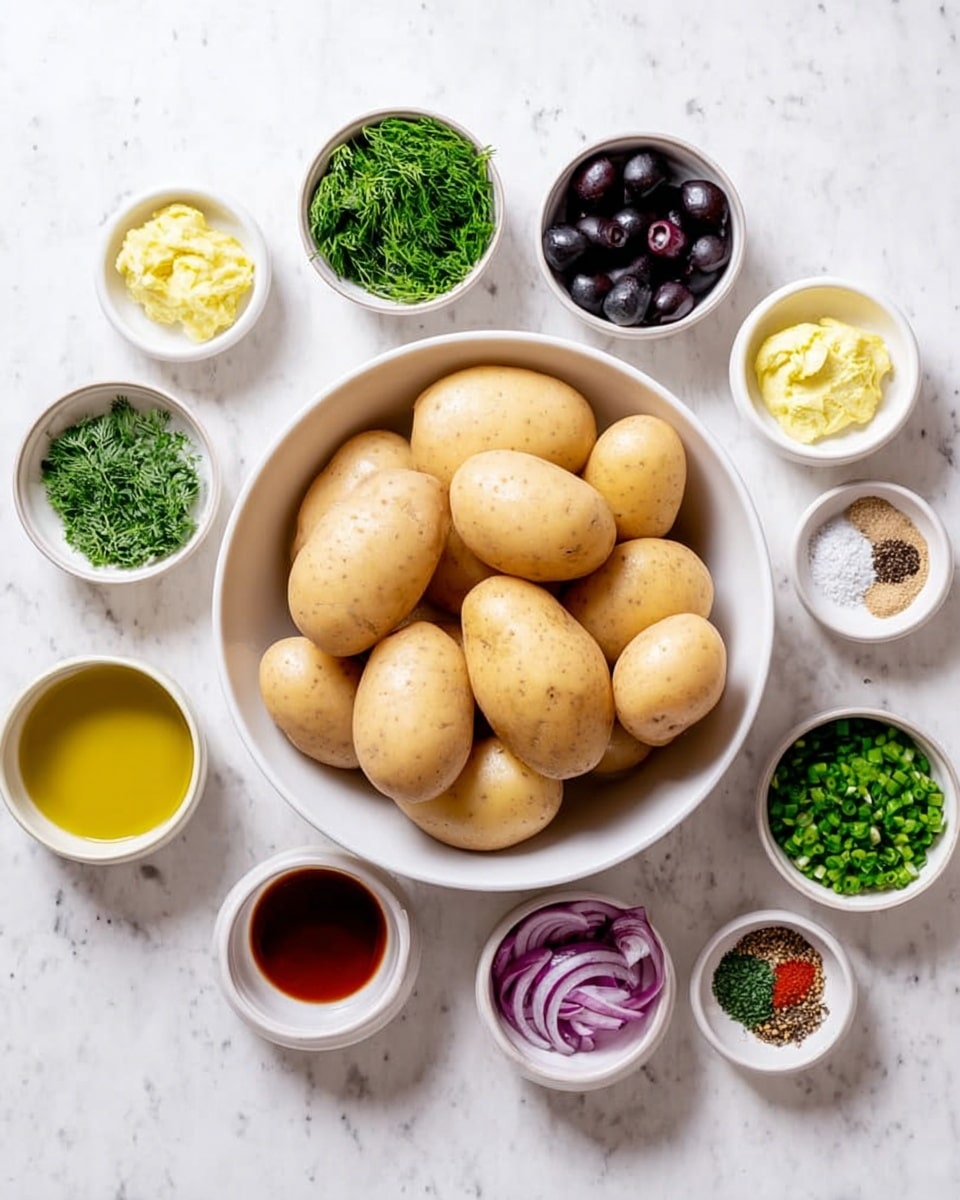 The image shows a large white bowl in the center full of smooth, light brown potatoes with their skins on. Surrounding the bowl are smaller white bowls arranged neatly in a circle on a white marbled surface. These smaller bowls hold various ingredients: bright green fresh dill, pale yellow garlic paste, deep black olives, dark green chopped herbs, chopped light green scallions, purple chopped onions, smooth light brown mustard sauce, golden olive oil, reddish vinegar or sauce, and small piles of spices, salt, and pepper. The layout is clean and organized, showing the raw ingredients clearly and brightly. photo taken with an iphone --ar 4:5 --v 7
