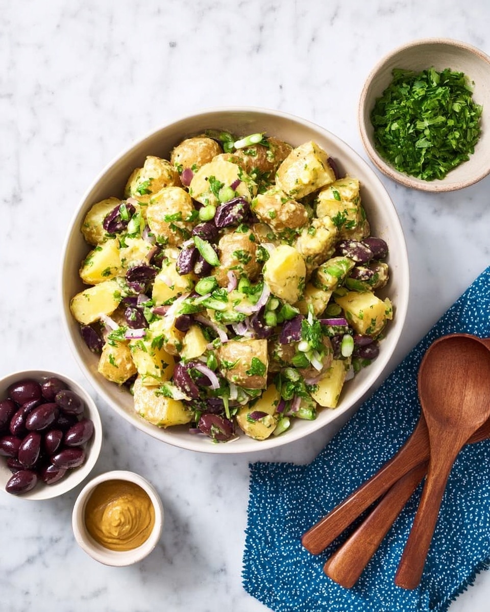 A large white bowl filled with a potato salad made of rough chunks of yellow potatoes mixed with dark purple Kalamata olives, bright green chopped herbs, and thin slices of light green scallions, all tossed together with a light dressing. Around the bowl sit three small white bowls, one with dark purple olives, one with mustard-colored sauce, and one with fresh green herbs. To the right is a folded blue cloth napkin with two wooden salad spoons resting on it, all placed on a white marbled surface. Photo taken with an iphone --ar 4:5 --v 7