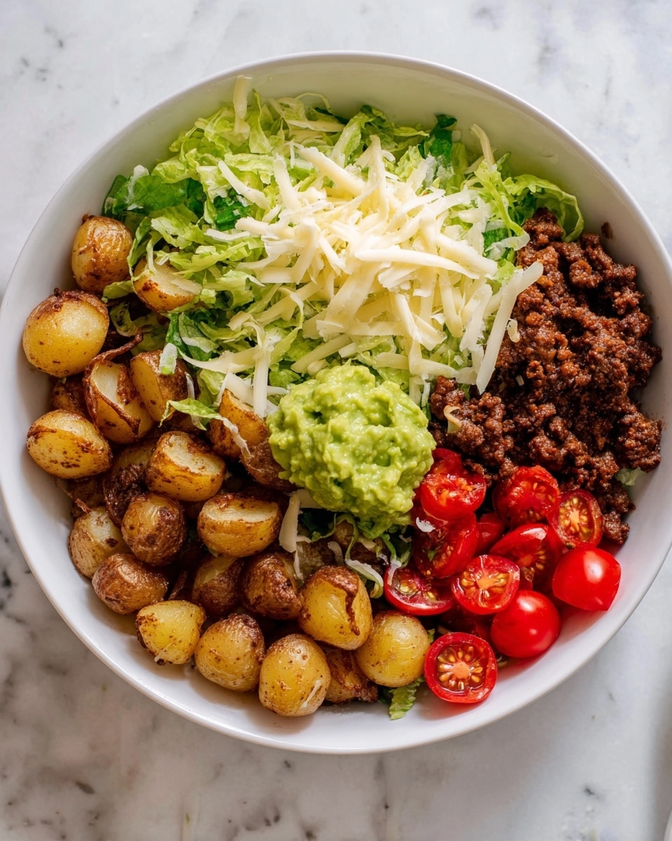 A white bowl filled with a layered dish starting with browned, small round potato pieces at the base. On top of the potatoes, there is a layer of crumbled cooked meat that is dark brown. To the right side of the bowl, shredded white cheese sits on the meat. Above the meat and cheese, bright green shredded lettuce covers part of the dish. On the left side, a generous scoop of smooth green guacamole rests next to the meat, with bright red halved cherry tomatoes scattered between the lettuce and guacamole. The bowl is placed on a white marbled surface. Photo taken with an iphone --ar 4:5 --v 7
