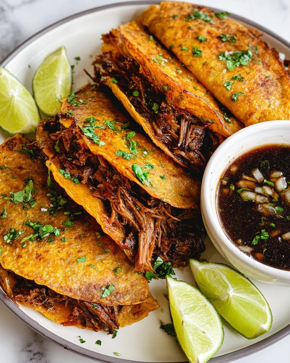 The image shows a close-up of three folded golden-brown tacos filled with dark, shredded meat that looks juicy and tender, placed on a white plate with a gray rim. The tacos have some chopped green cilantro sprinkled on top, adding a fresh touch. Around the tacos, there are four wedges of bright green lime. On the bottom right, a small white bowl filled with dark dipping sauce contains bits of chopped onions, cilantro, and other herbs, giving it a textured look. The plate is set on a white marbled surface. Photo taken with an iphone --ar 4:5 --v 7