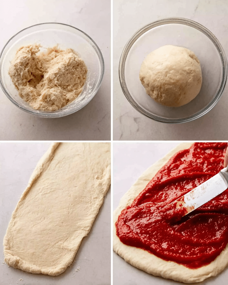 The image shows four steps of making dough and spreading sauce. The first part has a bowl with rough, pale dough inside. The second part shows a smooth, rounded ball of dough resting in a clear bowl. The third part displays the dough rolled out flat on a white marbled surface, shaped roughly like a rectangle with rounded corners. The last part shows red tomato sauce being spread with a knife over the rolled dough layer, covering about half the surface, with the knife visible in a woman's hand. Photo taken with an iphone --ar 4:5 --v 7